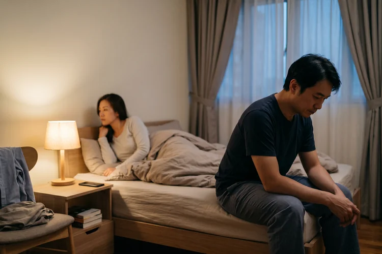 Asian couple in a Singapore bedroom showing quiet relationship strain — a man seated on the edge of the bed in thought, his partner turned away — illustrating the everyday impact of premature ejaculation on relationships