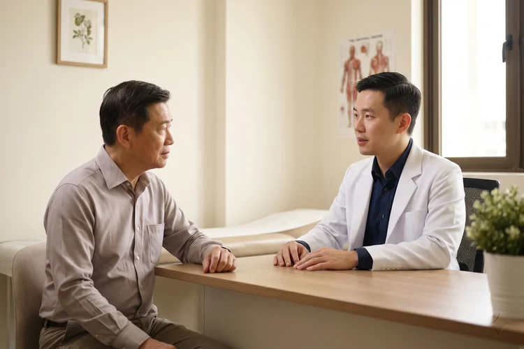 Singaporean Chinese man in his late 50s in a calm consulting-room moment, discussing cancer screening options with his doctor