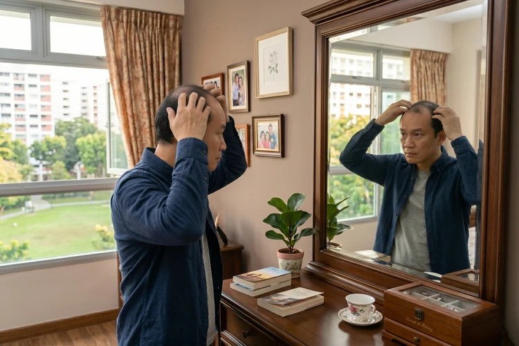 Middle-aged Asian man looking concerned in a mirror while checking his hair for early signs of hair loss