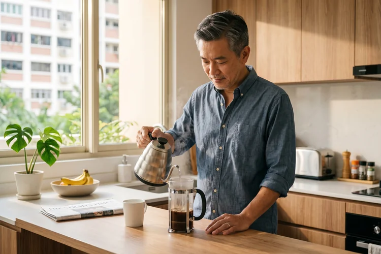 Asian man in his mid-50s making coffee at his kitchen counter in warm late-morning light — quietly engaged in his daily routine, illustrating the everyday vitality men aim to reclaim with testosterone replacement therapy