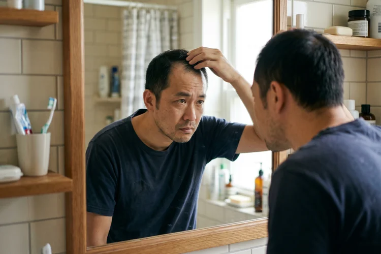 Man in Singapore examining his receding hairline in the mirror before starting finasteride