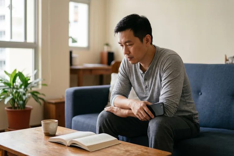 Man in Singapore reading about the causes of erectile dysfunction on a laptop at home