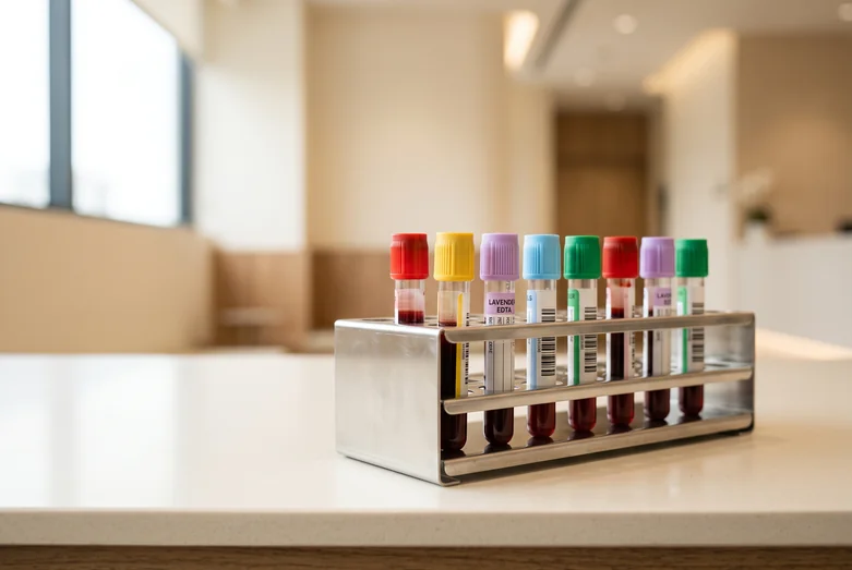 Blood sample tubes prepared for an IgG food intolerance panel at a Singapore clinic