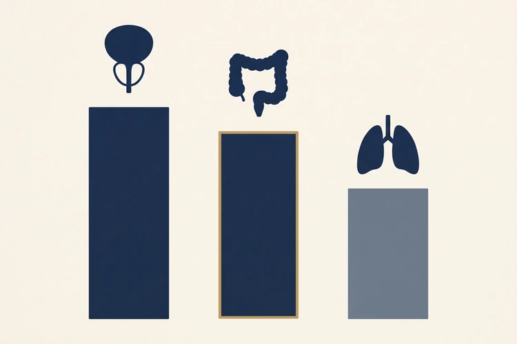 Chart showing the top three cancers in Singaporean men 2017–2021 — prostate (16.8%), colorectal (16.3%) and lung (13.5%) — Singapore Cancer Registry