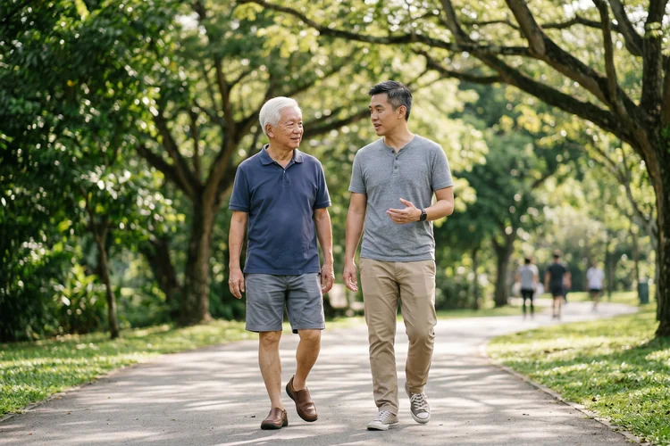 A Singaporean father and his adult son walking together on a quiet neighbourhood path in warm morning light &mdash; illustrating the multi-generational care that often prompts men to take charge of their health screening