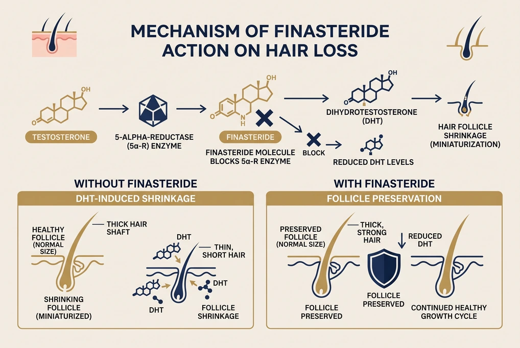 Diagram showing how finasteride blocks the 5-alpha-reductase enzyme from converting testosterone to DHT, preserving hair follicles