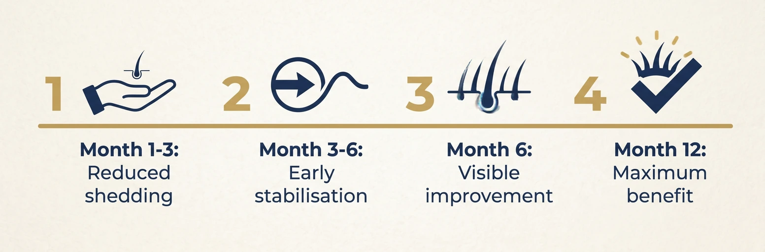 Timeline showing expected finasteride results: reduced shedding at months 1 to 3, early stabilisation at months 3 to 6, visible improvement at 6 months, and maximum benefit at 12 months