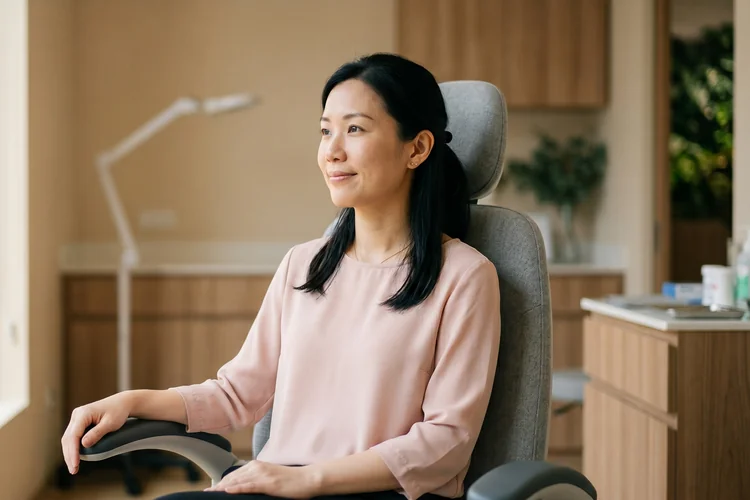 A relaxed female patient seated in a clinic examination chair after a successful ear wax removal procedure at a Singapore clinic