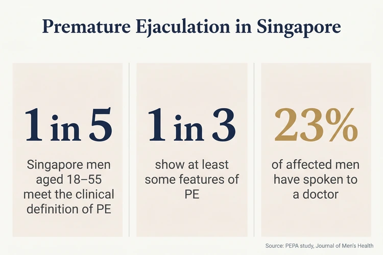 Chart showing Singapore PE prevalence — 1 in 5 men aged 18–55 meet the clinical definition of premature ejaculation, 1 in 3 show some features of it, yet only 23% of affected men have spoken to a doctor (PEPA study)