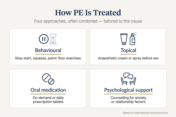 Infographic showing the four main approaches to treating premature ejaculation — behavioural techniques (stop-start, squeeze, pelvic floor), topical anaesthetic cream or spray, oral medication (on-demand or daily), and psychological support for anxiety or relationship factors