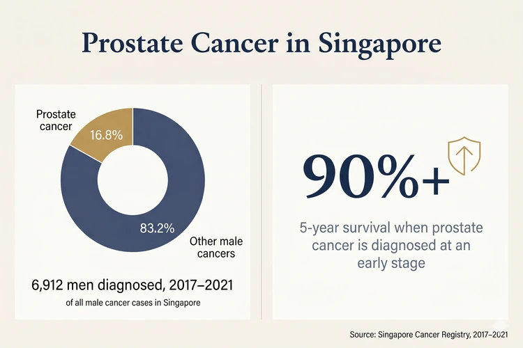 Chart showing 16.8% of all male cancer cases in Singapore are prostate cancer (6,912 men diagnosed 2017–2021), with over 90% five-year survival when diagnosed early — Singapore Cancer Registry