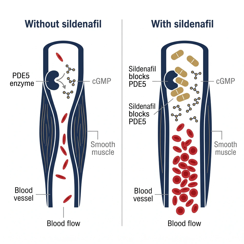 Diagram showing how sildenafil blocks the PDE5 enzyme, allowing cGMP to relax smooth muscle and improve blood flow in penile blood vessels