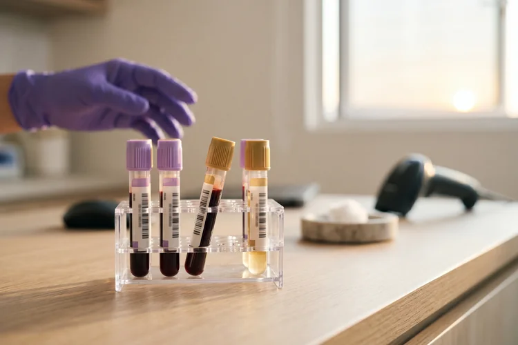 Blood sample tubes being prepared for a testosterone test in a Singapore clinic, with warm morning light illustrating the recommended early-morning blood draw