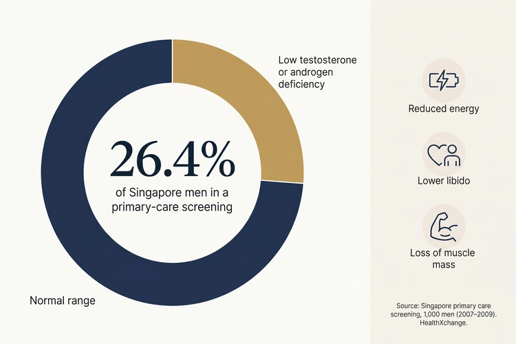 Chart showing 26.4% of Singapore men in a primary-care screening (2007–2009) had androgen deficiency or low testosterone, alongside common effects: reduced energy, lower libido and loss of muscle mass.
