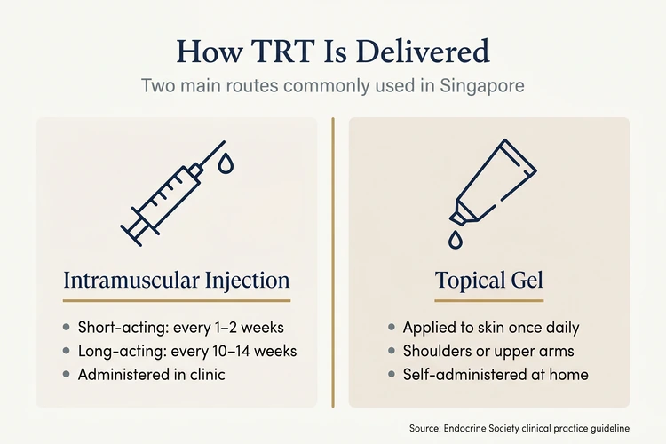 Infographic comparing the two main testosterone replacement therapy (TRT) delivery routes used in Singapore — intramuscular injections (short-acting every 1–2 weeks, long-acting every 10–14 weeks, administered in clinic) and topical gels (applied daily to the skin of the shoulders or upper arms, self-administered at home)