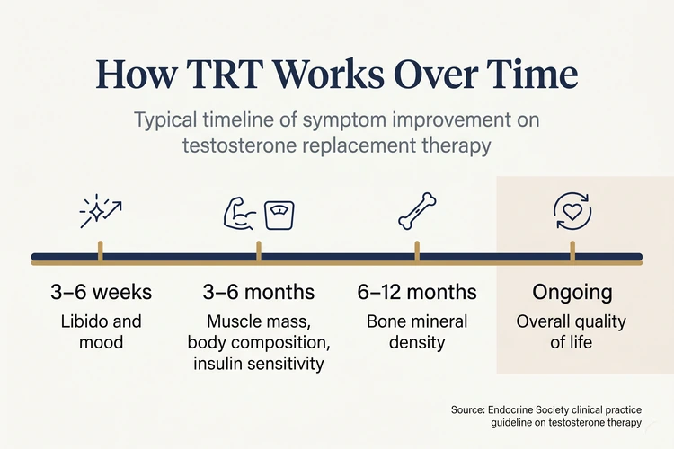 Timeline showing when different symptoms typically improve on testosterone replacement therapy — libido and mood within 3–6 weeks, muscle mass and body composition within 3–6 months, bone density over 6–12 months
